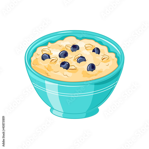 Oatmeal porridge with blueberries in a blue bowl. Healthy breakfast, vegetarian food. Isolated on a white background.Vector illustration