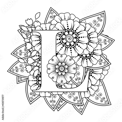 Letter L with Mehndi flower. decorative ornament in ethnic oriental style. coloring book page. 
