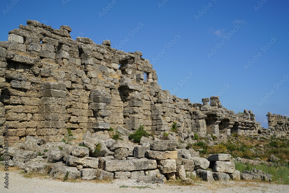 Ancient city of Side, old historical buildings and ruins. Antalya TURKEY