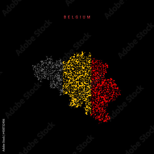 Belgium flag map, chaotic particles pattern in the Belgian flag colors. Vector illustration