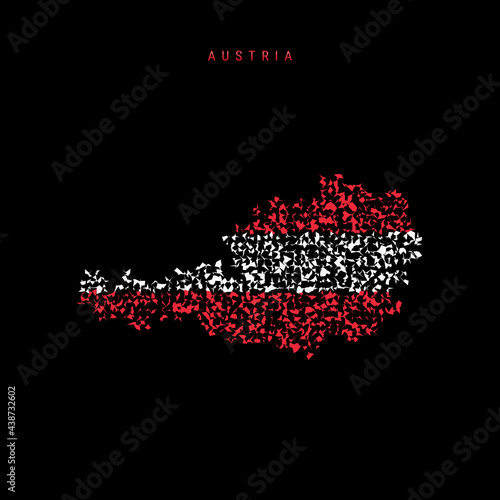 Austria flag map  chaotic particles pattern in the Austrian flag colors. Vector illustration