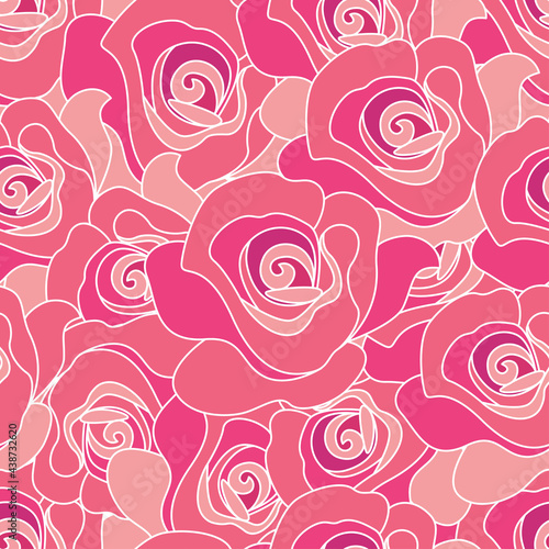 seamless pattern of blooming pink roses. different shades of pink with a white outline. line drawing on a floral theme  floral background.stock vector illustration. EPS 10.