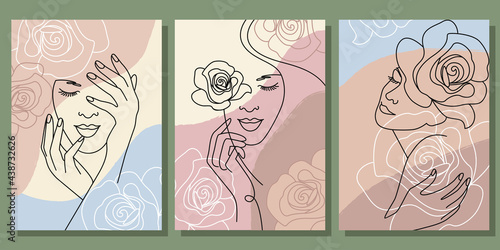 set of linear abstract portraits in minimalism style, line art. beautiful girls with flowers on a pastel colorful background with textures. can be used as a poster, cover, template, postcard.  
		