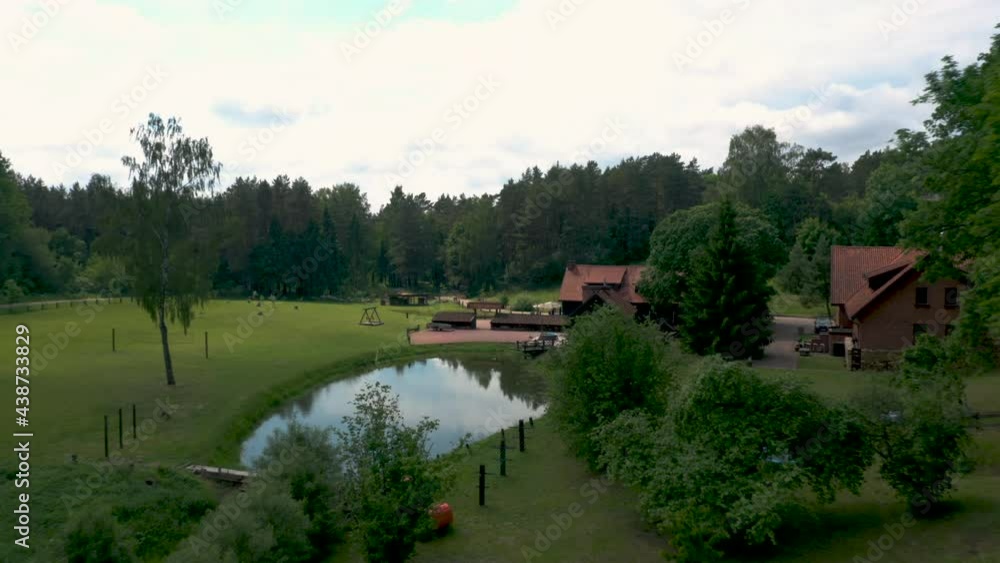 Senasis Rambynas Guesthouse And Sauna Building Structures At Rambynas Regional Park At Daytime In Lithuania. aerial Senasis Rambynas Guesthouse And Sauna Building Structures At Rambynas Regional Park At Daytime In Lithuania. aerial