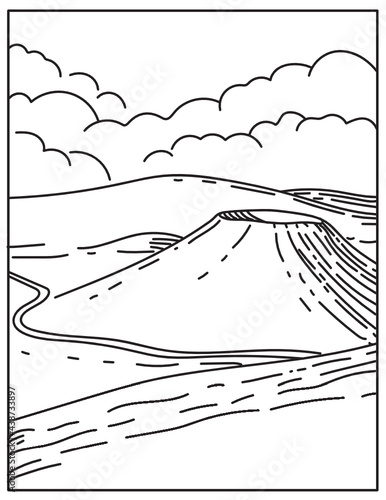 Mono line illustration of Mauna Kea a dormant volcano located in Hawaii Volcanoes National Park on the island of Hawaii United States of America done in retro black and white monoline line art style.