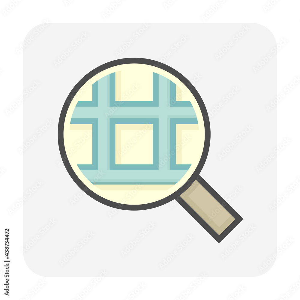 Obraz premium Land search, survey or check vector icon. Consist of magnifying glass and land lot on map. Real estate or property for realtor or agent to development, owned, sale, rent, buy or investment. 64x64 px. 