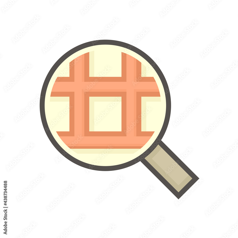 Fototapeta premium Land search, survey or check vector icon. Consist of magnifying glass and land lot on map. Real estate or property for realtor or agent to development, owned, sale, rent, buy or investment. 64x64 px. 