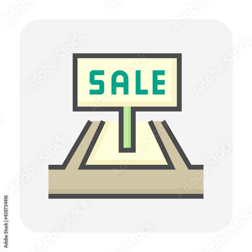 Land for sale vector icon. Foreclose real estate or property consist of empty land on roadside for development by housing construction, subdivision, owned, sale, rent, buy or investment. 64x64 pixel.