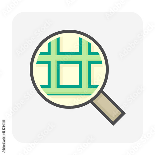 Land search, survey or check vector icon. Consist of magnifying glass and land lot on map. Real estate or property for realtor or agent to development, owned, sale, rent, buy or investment. 64x64 px.
