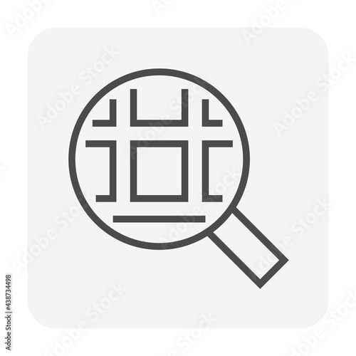 Land search, survey or check vector icon. Consist of magnifying glass and land lot on map. Real estate or property for realtor or agent to development, owned, sale, rent, buy or investment. 64x64 px.

