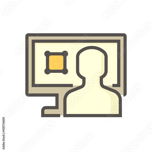 Land registration check online vector icon. Consist of computer pc, lawyer or agent,  title deed or land certificate. To check ownership,  plot registry for sale, mortgaged or transferred. 64x64 pixel