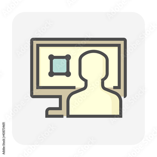 Land registration check online vector icon. Consist of computer pc, lawyer or agent,  title deed or land certificate. To check ownership,  plot registry for sale, mortgaged or transferred. 64x64 pixel