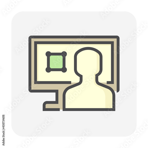 Land registration check online vector icon. Consist of computer pc, lawyer or agent,  title deed or land certificate. To check ownership,  plot registry for sale, mortgaged or transferred. 64x64 pixel
