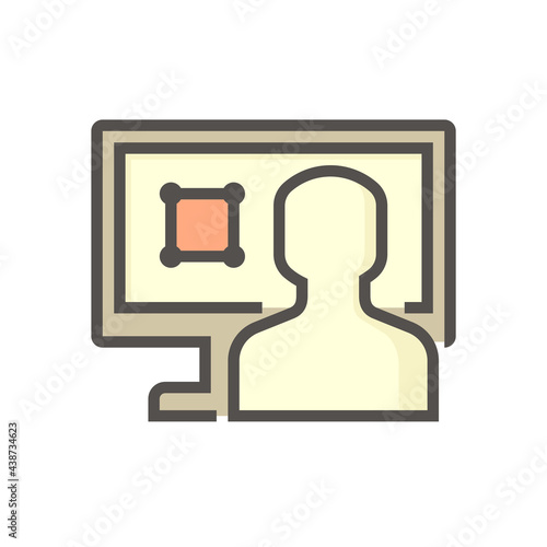 Land registration check online vector icon. Consist of computer pc, lawyer or agent,  title deed or land certificate. To check ownership,  plot registry for sale, mortgaged or transferred. 64x64 pixel