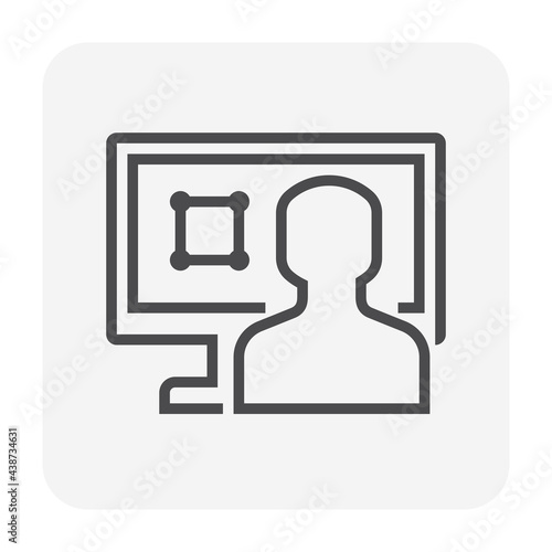 Land registration check online vector icon. Consist of computer pc, lawyer or agent,  title deed or land certificate. To check ownership,  plot registry for sale, mortgaged or transferred. 64x64 pixel