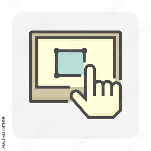 Land registration check online vector icon. Consist of computer tablet, lawyer or agent,  title deed or land certificate. To check ownership,  plot registry for sale, mortgaged or transfer. 64x64 px.