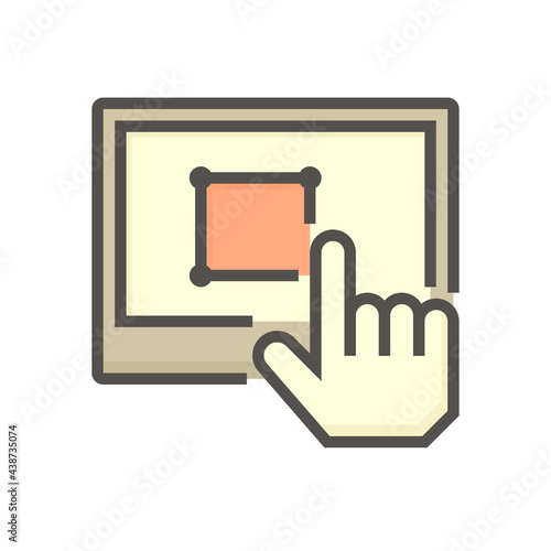 Land registration check online vector icon. Consist of computer tablet, lawyer or agent,  title deed or land certificate. To check ownership,  plot registry for sale, mortgaged or transfer. 64x64 px.