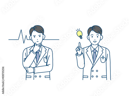 医者　科学者　白衣を着た男性　直感　閃く　アイデア　ポーズ　イラスト素材