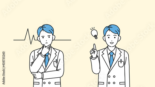 医者　科学者　白衣を着た男性　直感　閃く　アイデア　ポーズ　イラスト素材