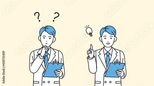 医者　科学者　白衣を着た男性　考える　疑問　閃く　アイデア　ポーズ　イラスト素材