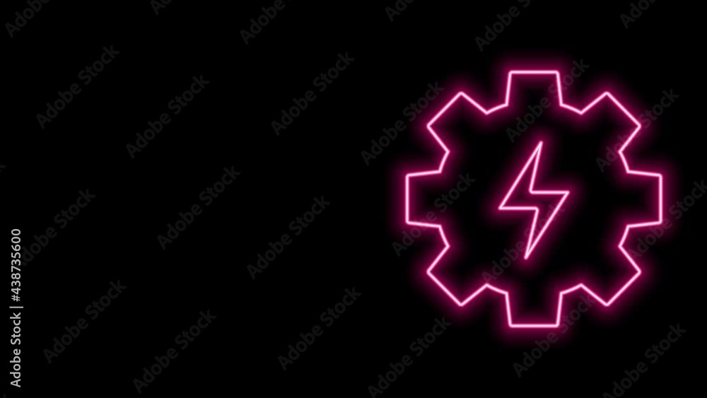 Glowing neon line Gear and lightning icon isolated on black background. Electric power. Lightning bolt sign. 4K Video motion graphic animation Glowing neon line Gear and lightning icon isolated on black background. Electric power. Lightning bolt sign. 4K Video motion graphic animation