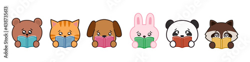 Set of animals impressed by books. Vector illustration isolated on white background.