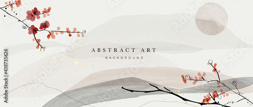 Abstract art mountain and flower background vector. Luxury Gold oriental style wallpaper with cherry blossoms and branches in the foreground. and followed by the backdrop of mountains and the sun.