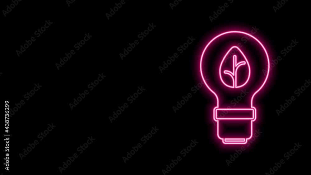 Glowing neon line Light bulb with leaf icon isolated on black background. Eco energy concept. Alternative energy concept. 4K Video motion graphic animation Glowing neon line Light bulb with leaf icon isolated on black background. Eco energy concept. Alternative energy concept. 4K Video motion graphic animation