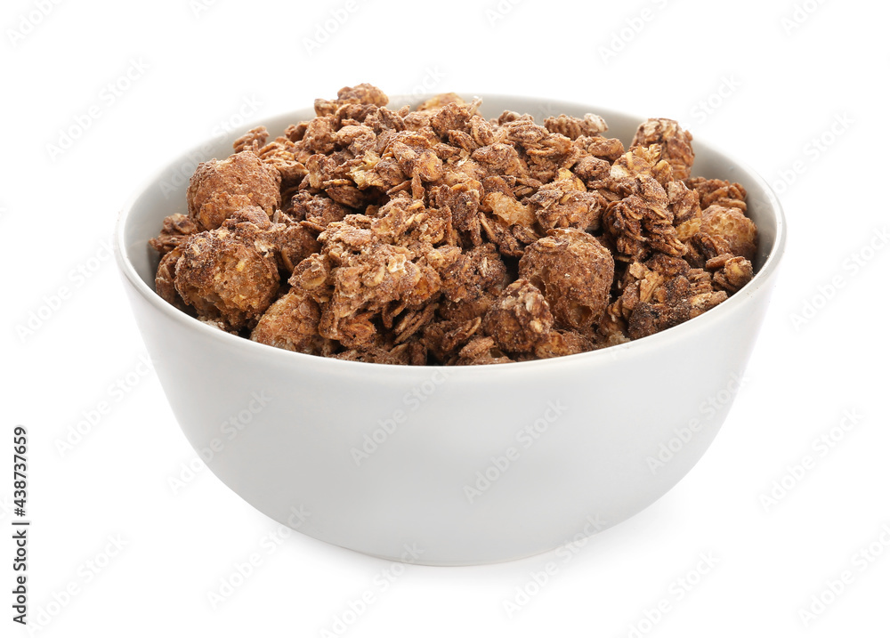 Bowl with tasty granola on white background Bowl with tasty granola on white background
