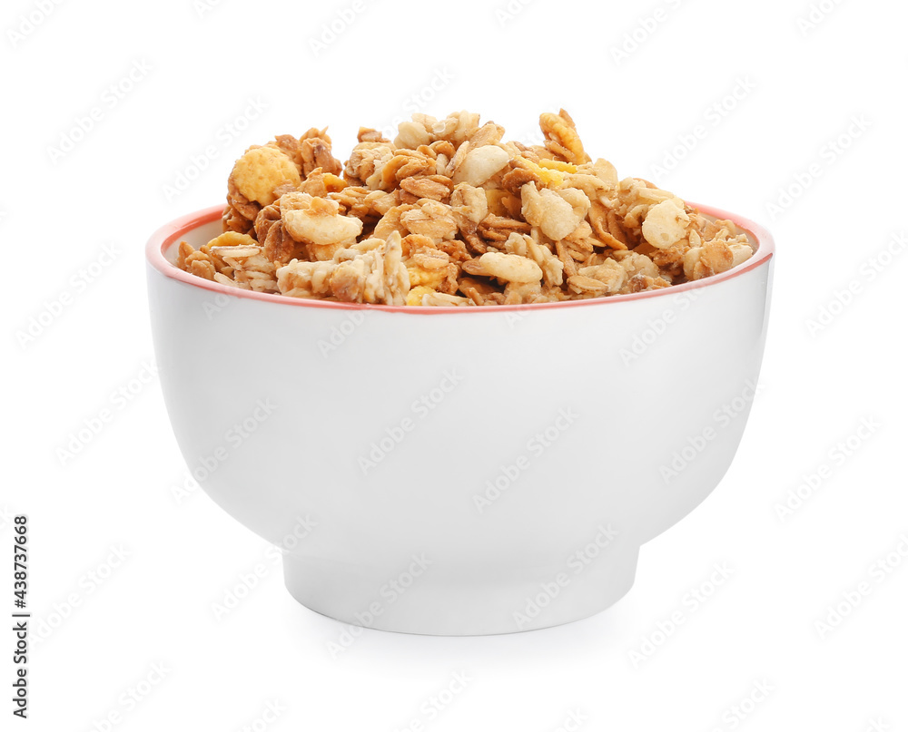 Bowl with tasty granola on white background Bowl with tasty granola on white background
