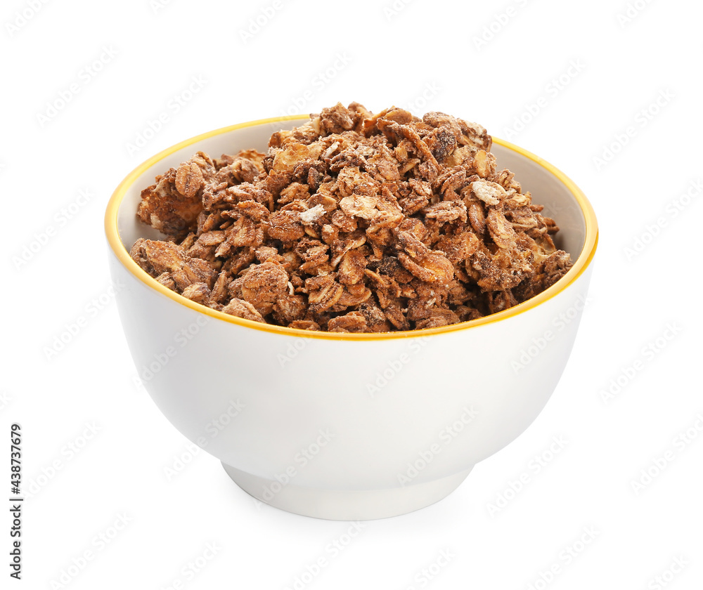 Bowl with tasty granola on white background Bowl with tasty granola on white background