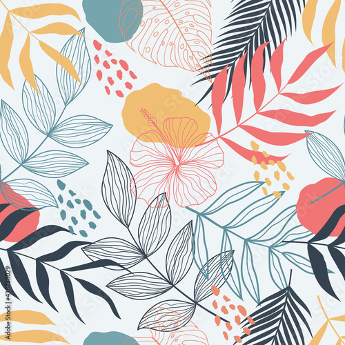 Seamless pattern with abstract botanical floral tropical leaves line art sketch style vector illustration