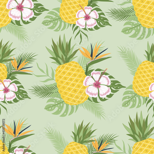 Seamless pattern of fresh pineapple fruits nature background with tropical leaves and beautiful flowers vector illustration
