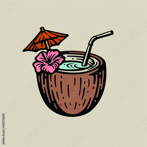 Illustration of a coconut cocktail with straws and an umbrella. Doodle style.