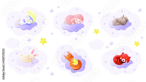 A set of cute sleeping animals on clouds among the stars. Children's animal illustration.