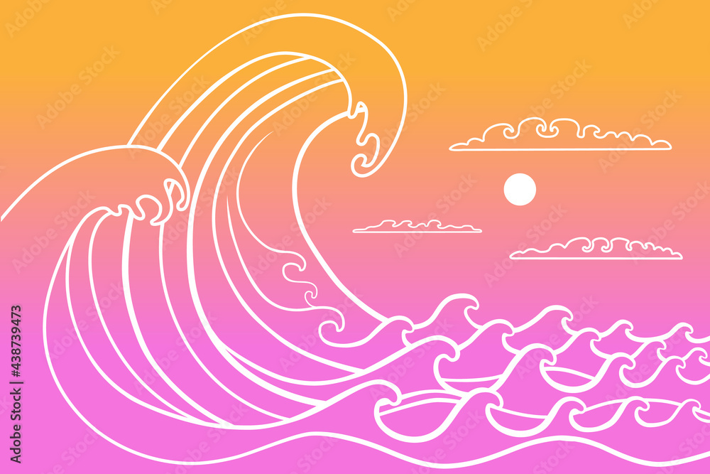 Big waves. Tropical sunset sea view. Minimalist style. Big waves. Tropical sunset sea view. Minimalist style.
