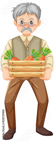 Old farmer man holding wooden crate of carrots isolated