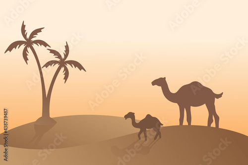 arabesque camel silhouette background vector  sunlight  desert sand  islamic religion holiday