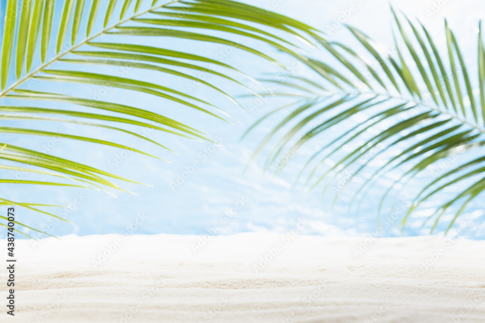 Blank summer tropical beach with green palm leaves as arch, white sand, sun glares in water and blue ocean view. Seaside landscape for presentation, design.
