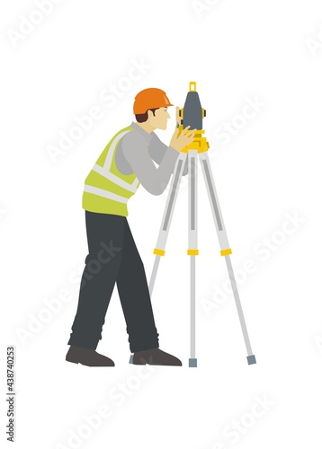 Male surveyor measuring land using a theodolite. Simple illustration.
