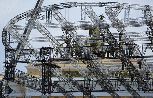 Installation of the concert stage at the arch of the General Staff, Palace Square, St. Petersburg, Russia, June 2021