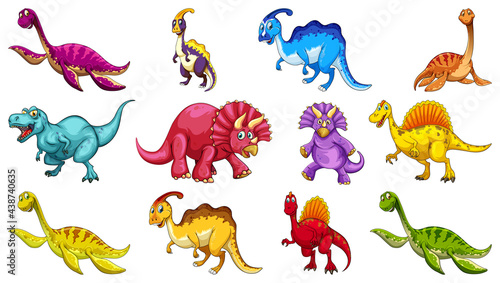 Different dinosaurs cartoon character and fantasy dragons isolated