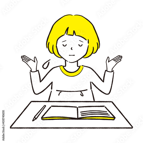 手描き1color  おかっぱ女の子　ノートでお勉強　お手上げ