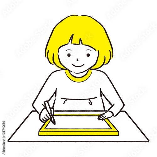 手描き1color  おかっぱ女の子　タブレットで真剣にお勉強