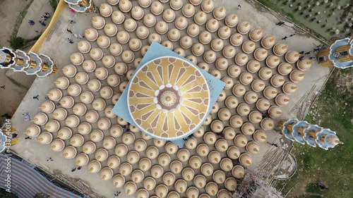 Aerial view of the geometric pattern from Gombuj Masjid islamic mosque along Jhinai river in Gopalpur township, Dhaka state, Bangladesh. photo