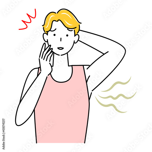 不快な脇の下の臭い(わきが)を気にする可愛い男性 イラスト シンプル ベクター
Cute men who are concerned about unpleasant underarm odor (armpit odor). Illustration. Simple.Vector.