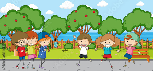 Outdoor scene with many kids playing in the park