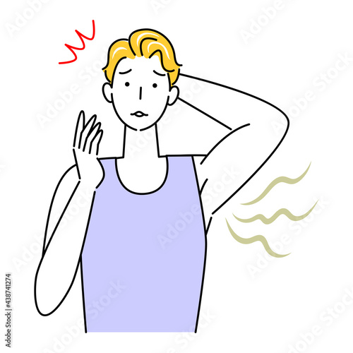 不快な脇の下の臭い(わきが)を気にする可愛い男性 イラスト シンプル ベクター
