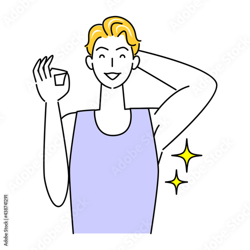 ボディケアの効果でキラキラしている綺麗な脇の下を見せている笑顔の可愛い男性 OK イラスト シンプル ベクター