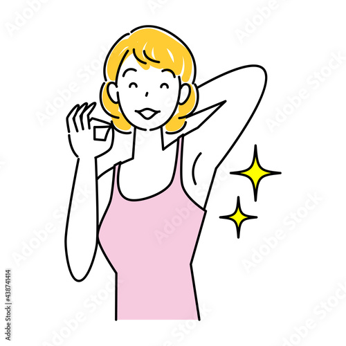 ボディケアの効果でキラキラしている綺麗な脇の下を見せている笑顔の女性 OK イラスト シンプル ベクター
